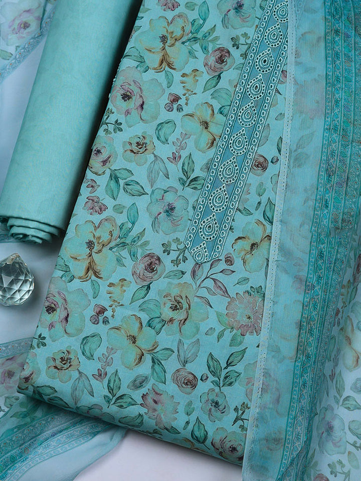 Embroidered Cotton Blend Unstitched Suit With Pant &amp; Dupatta