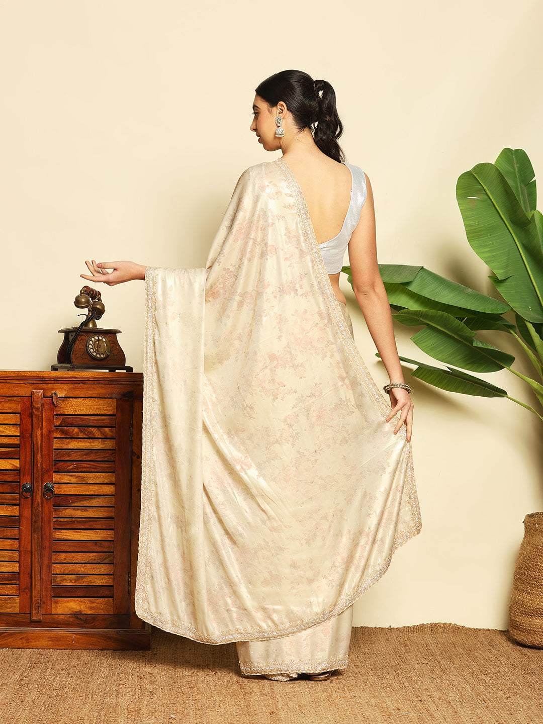 Floral Printed &amp; Embellished Work Tissue Saree