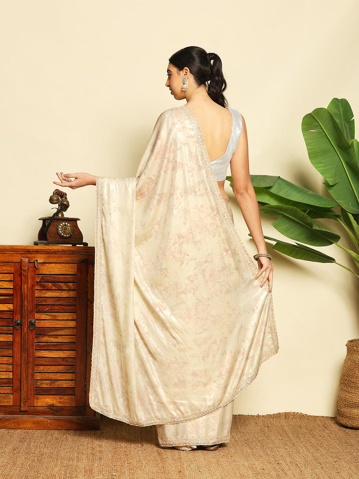 Floral Printed &amp; Embellished Work Tissue Saree