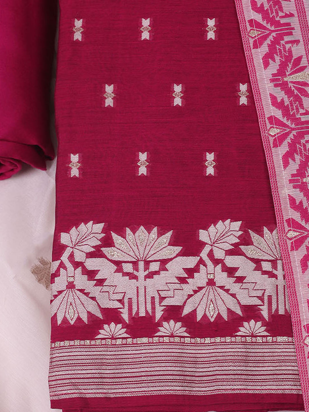Embroidered Chanderi Unstitched Kurta With Pant &amp; Dupatta