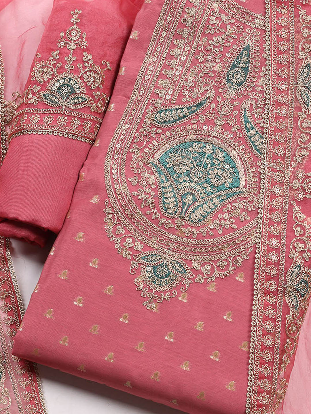 Neck Embroidered Chanderi Unstitched Suit With Dupatta