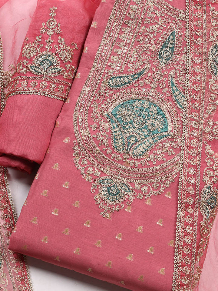 Neck Embroidered Chanderi Unstitched Suit With Dupatta