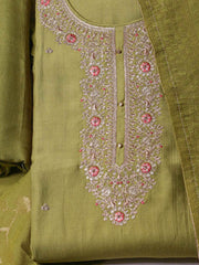 Embroidered Chanderi Pista Green Unstitched Suit With Pant & Dupatta
