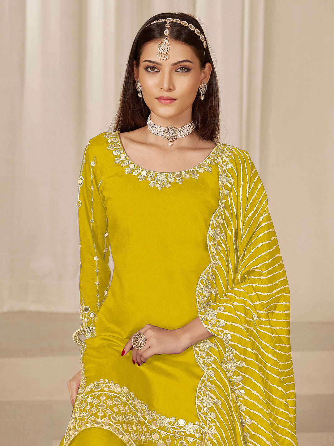 Embroidered Art Silk Semi Stitched Kurta With Skirt &amp; Dupatta