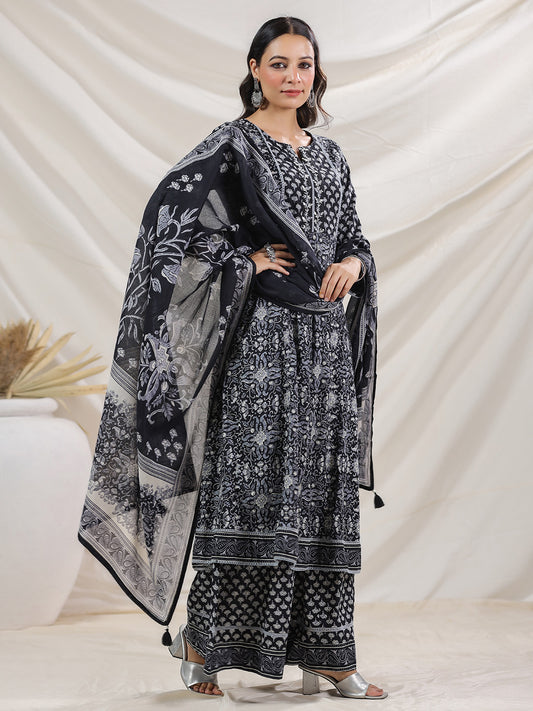 Floral Printed Cotton Blend Kurta With Palazzo & Dupatta