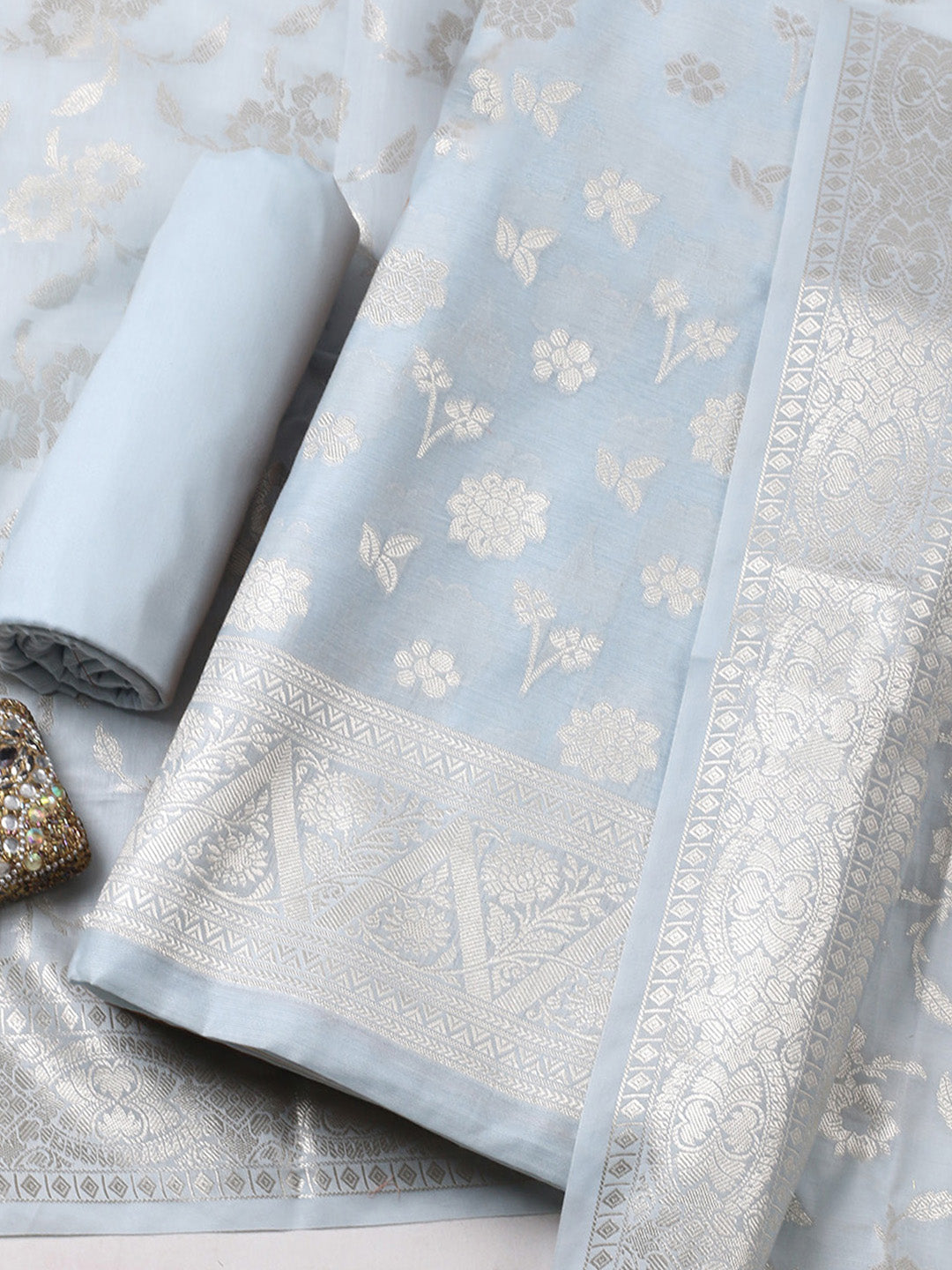 Woven Design Chanderi Unstitched Suit With Pant &amp; Dupatta