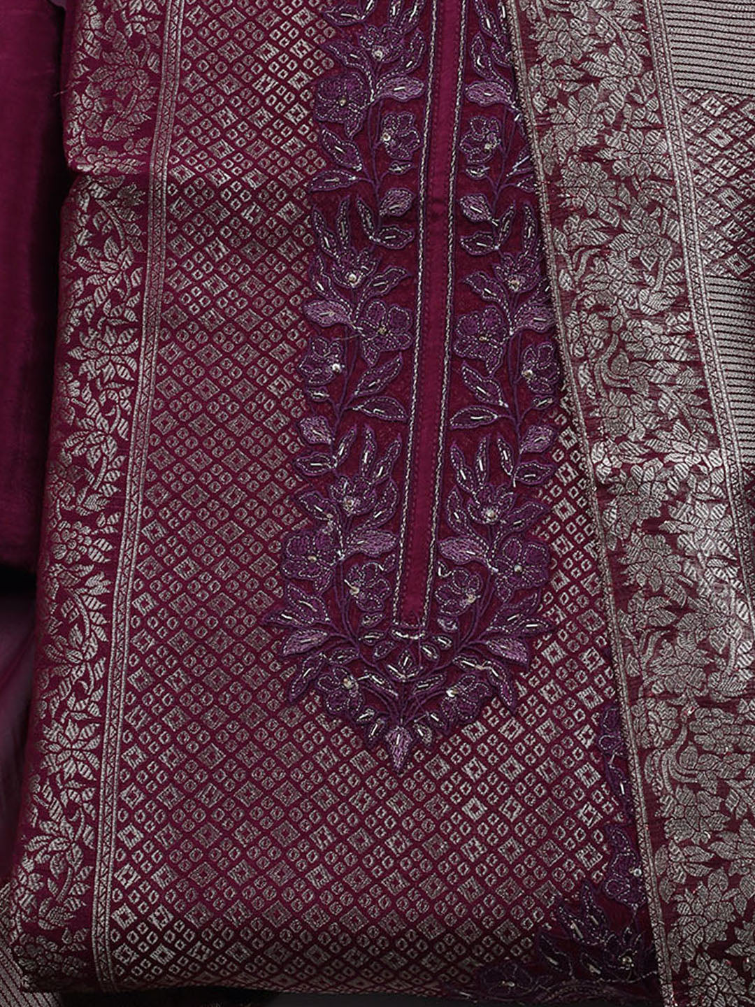 Embroidered Art Silk Unstitched Suit With Dupatta