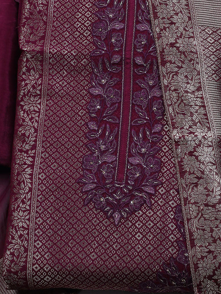 Embroidered Art Silk Unstitched Suit With Dupatta