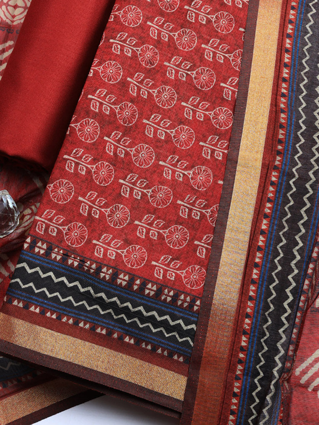 Printed Cotton Blend Unstitched Suit With Pant &amp; Dupatta