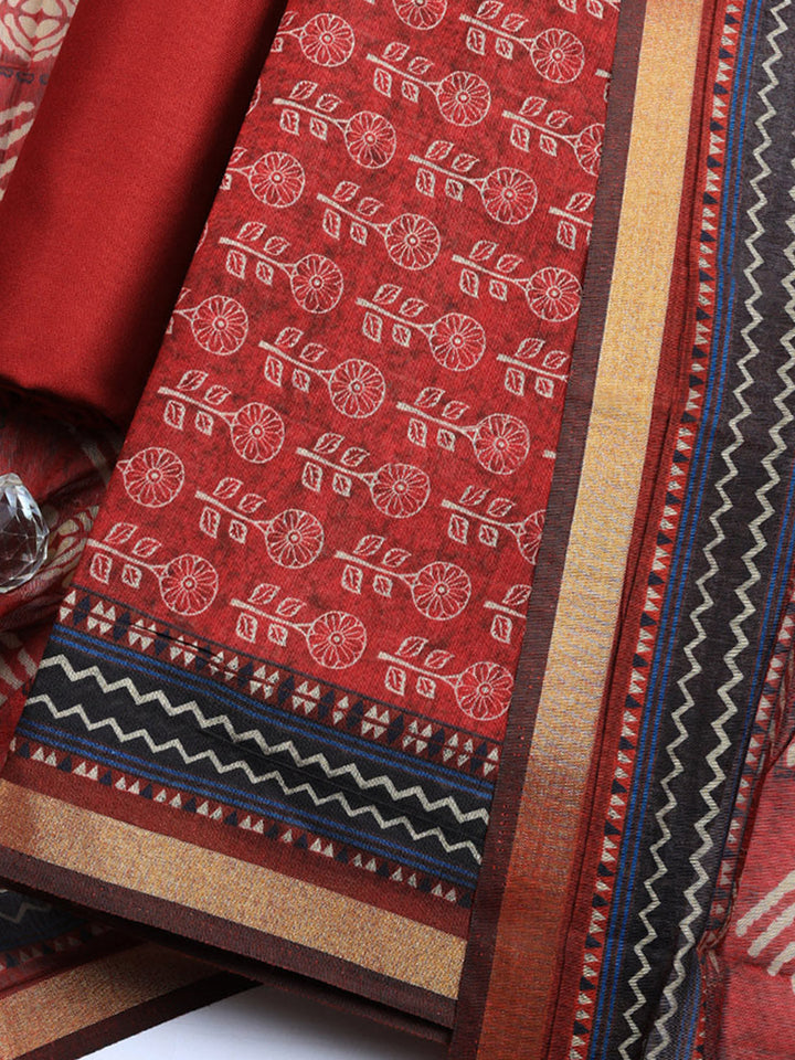 Printed Cotton Blend Unstitched Suit With Pant &amp; Dupatta