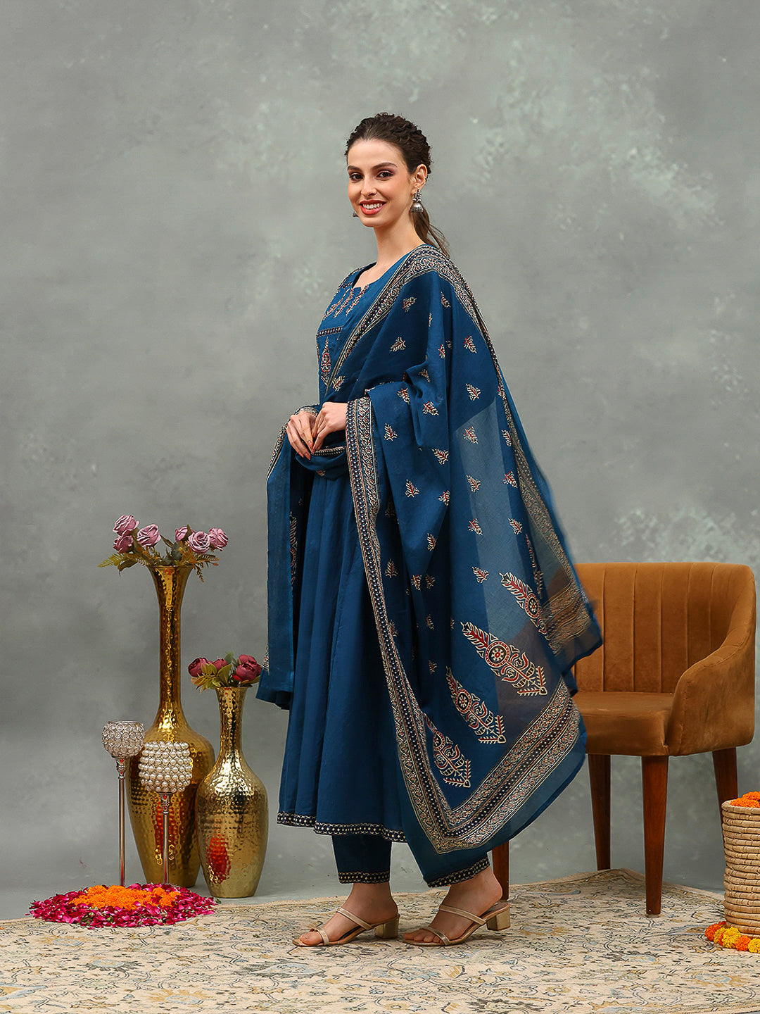 Embroidered Cotton Kurta With Pants &amp; Dupatta