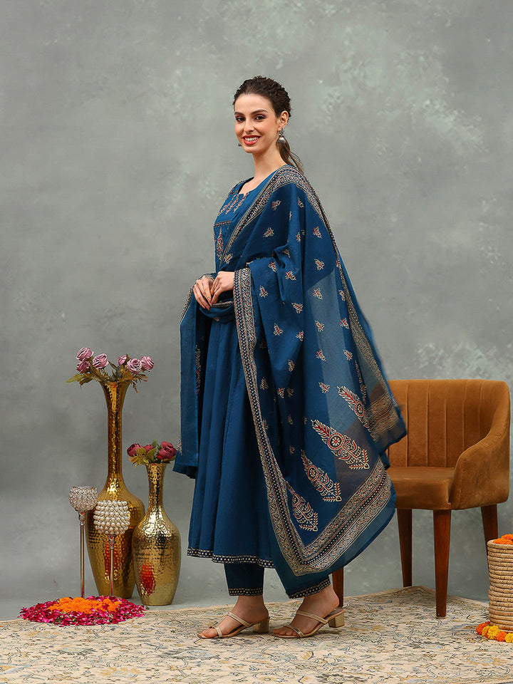 Embroidered Cotton Kurta With Pants &amp; Dupatta