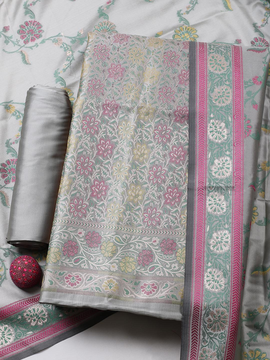 Woven Design Chanderi Unstitched Suit With Pant &amp; Dupatta