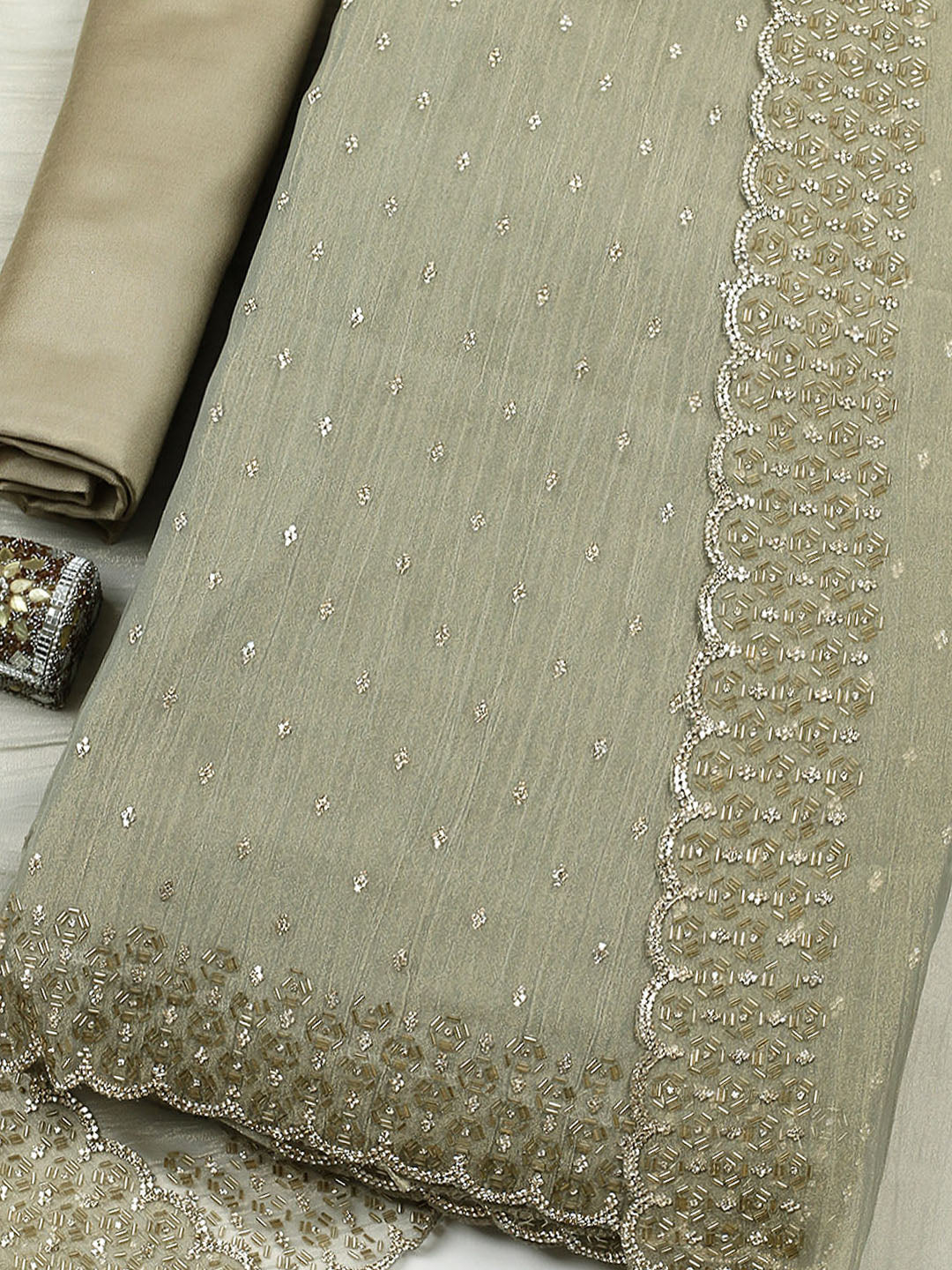 Embellished Tissue Unstitched Suit With Pant &amp; Dupatta