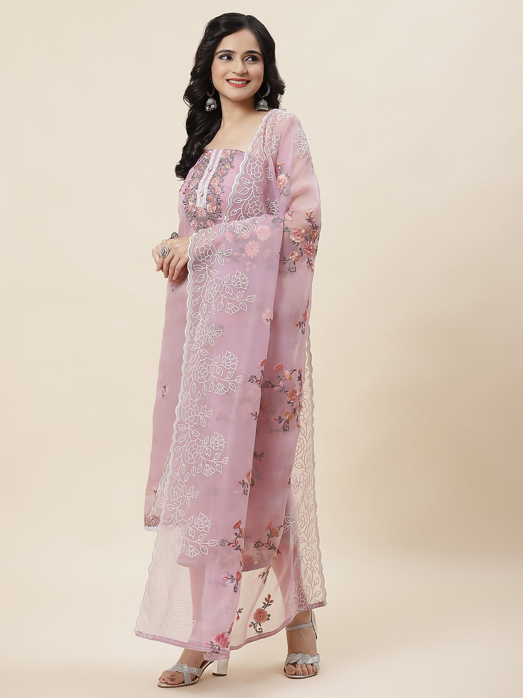 Neck Embroidered Chiffon Unstitched Suit Piece With Dupatta