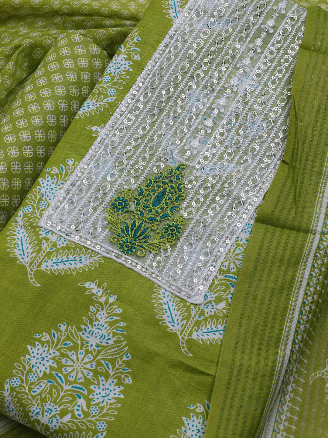 Sequence Work Cotton Blend Unstitched Suit With Dupatta