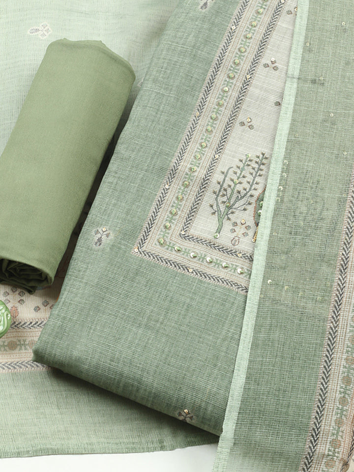 Printed Linen Blend Unstitched Suit With Pant &amp; Dupatta