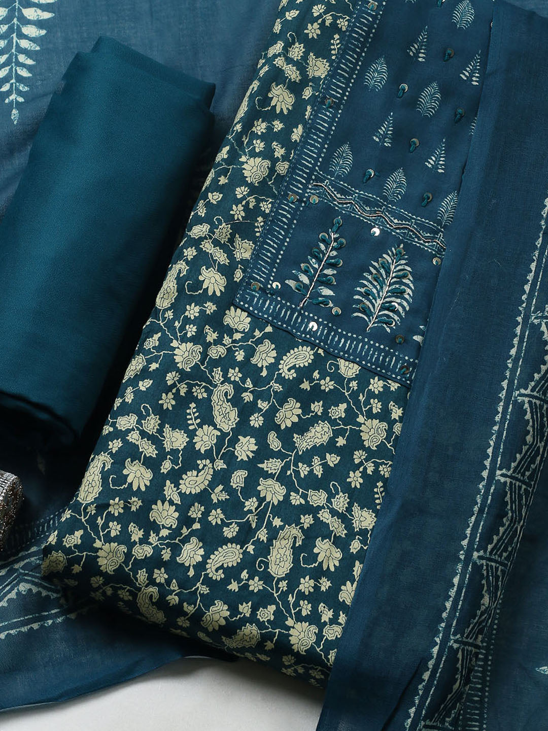 Printed Cotton Blend Unstitched Suit With Pant &amp; Dupatta