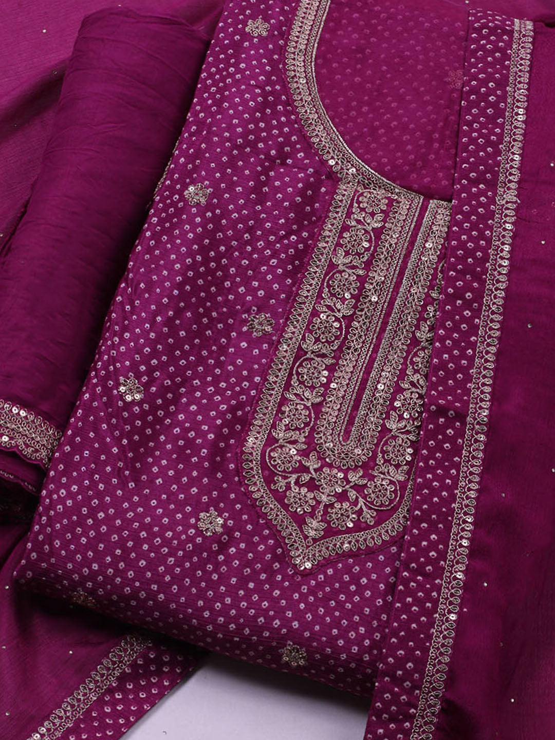 Embroidered Art Silk Unstitched Suit With Dupatta