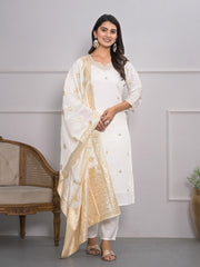 Neck Embroidery Cotton Blend Kurta With Pants & Dupatta