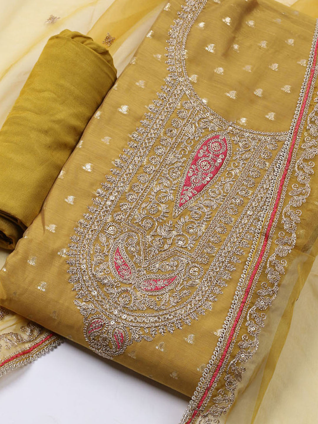 Neck Embroidered Chanderi Unstitched Suit With Dupatta