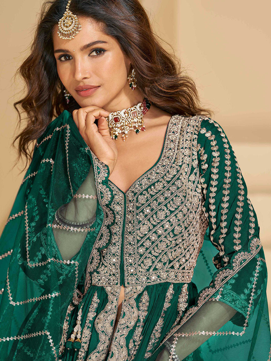 Embroidered Chinon Kurta With Plazzo &amp; Dupatta