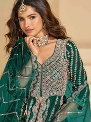 Embroidered Chinon Kurta With Plazzo & Dupatta