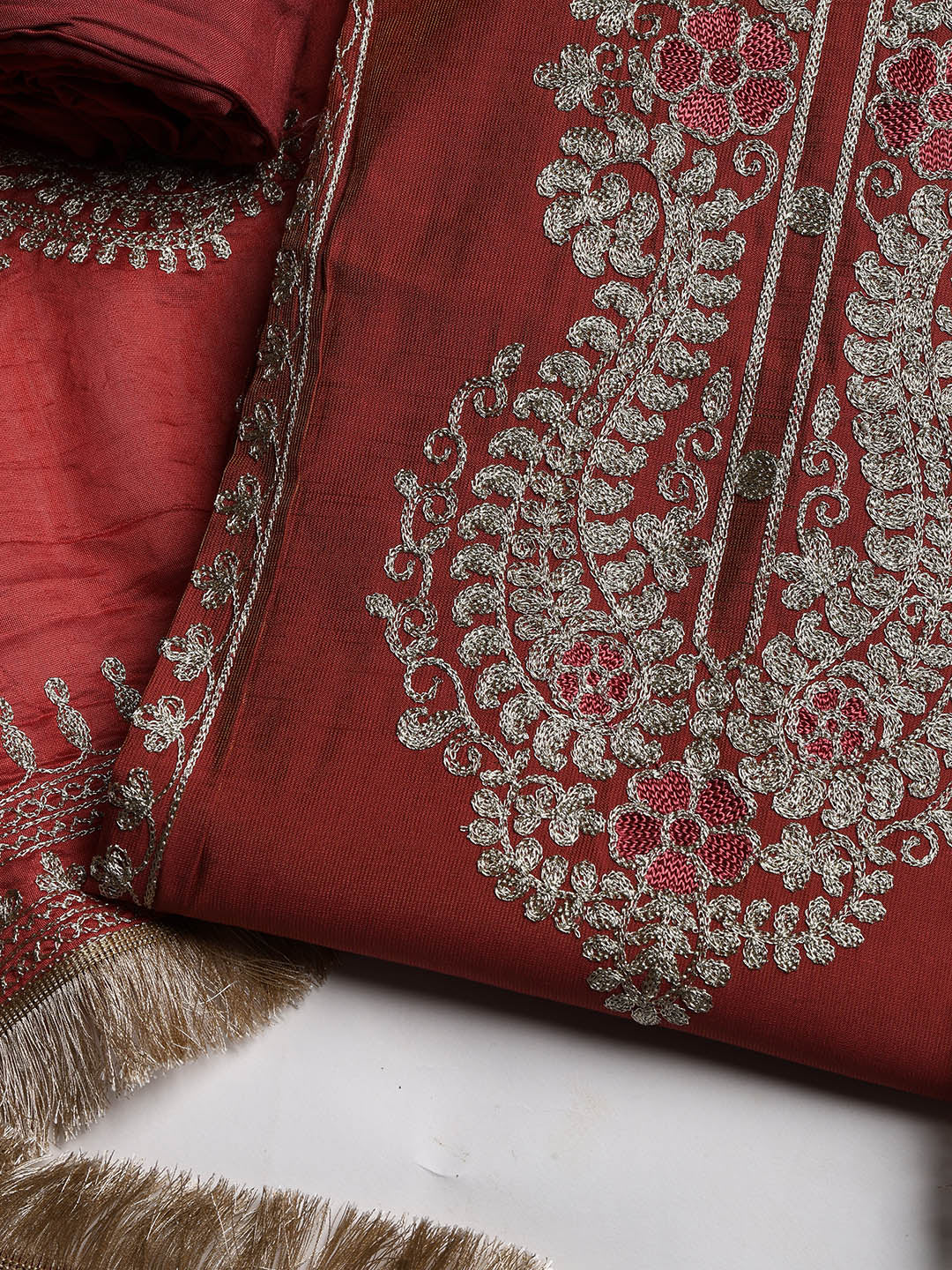 Embroidered Chanderi Unstitched Suit With Dupatta