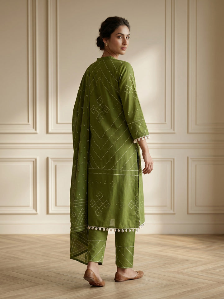 Green Embroidered Cotton Blend Straight V Neck Suit Set