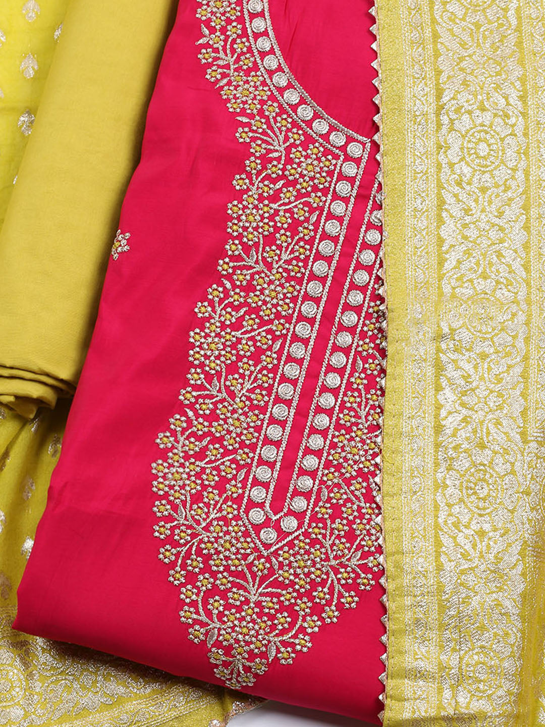 Neck Embroidered Chanderi Unstitched Suit With Dupatta