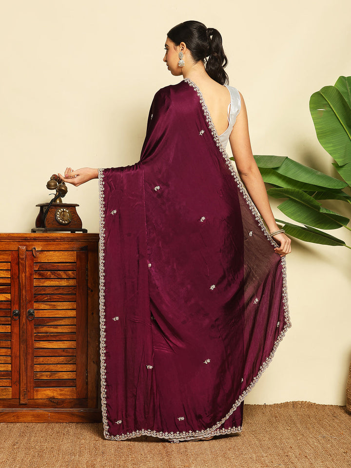 Thread Embroidered Chinnon Saree