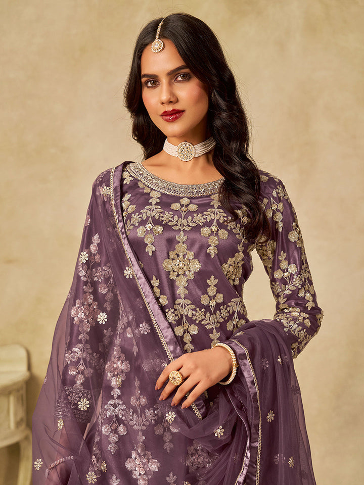 Embroidered Net  Semi Stitched Kurta With Sharara &amp; Dupatta
