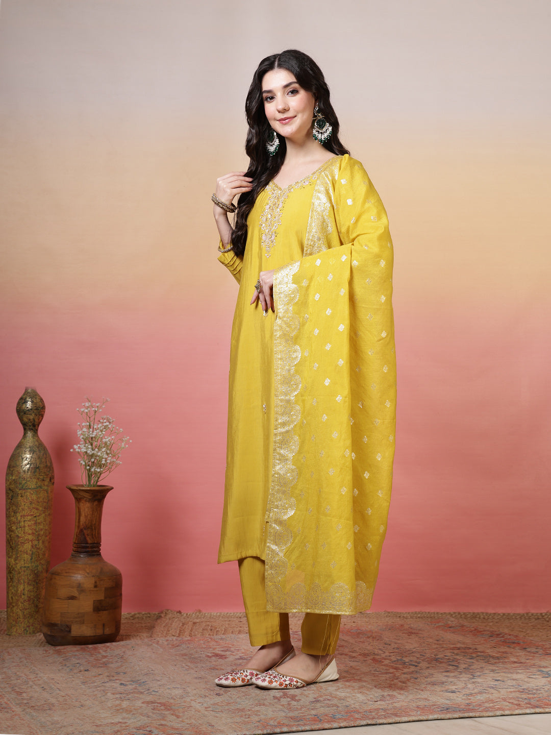 Embroidered Muslin Kurta With Pants &amp; Dupatta
