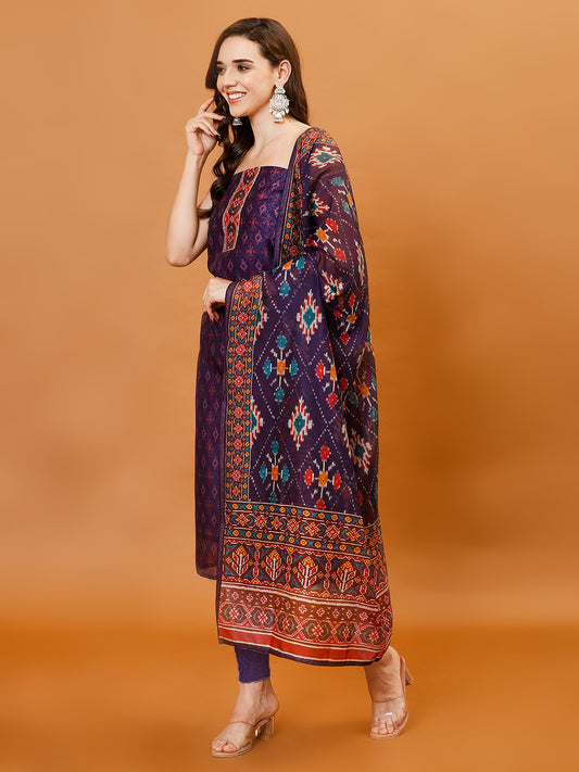 Printed Chanderi Unstitched Suit Piece With Dupatta