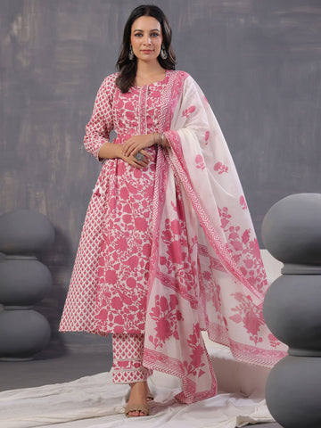 Digital Floral Printed Cotton Blend Kurta With Pants & Dupatta