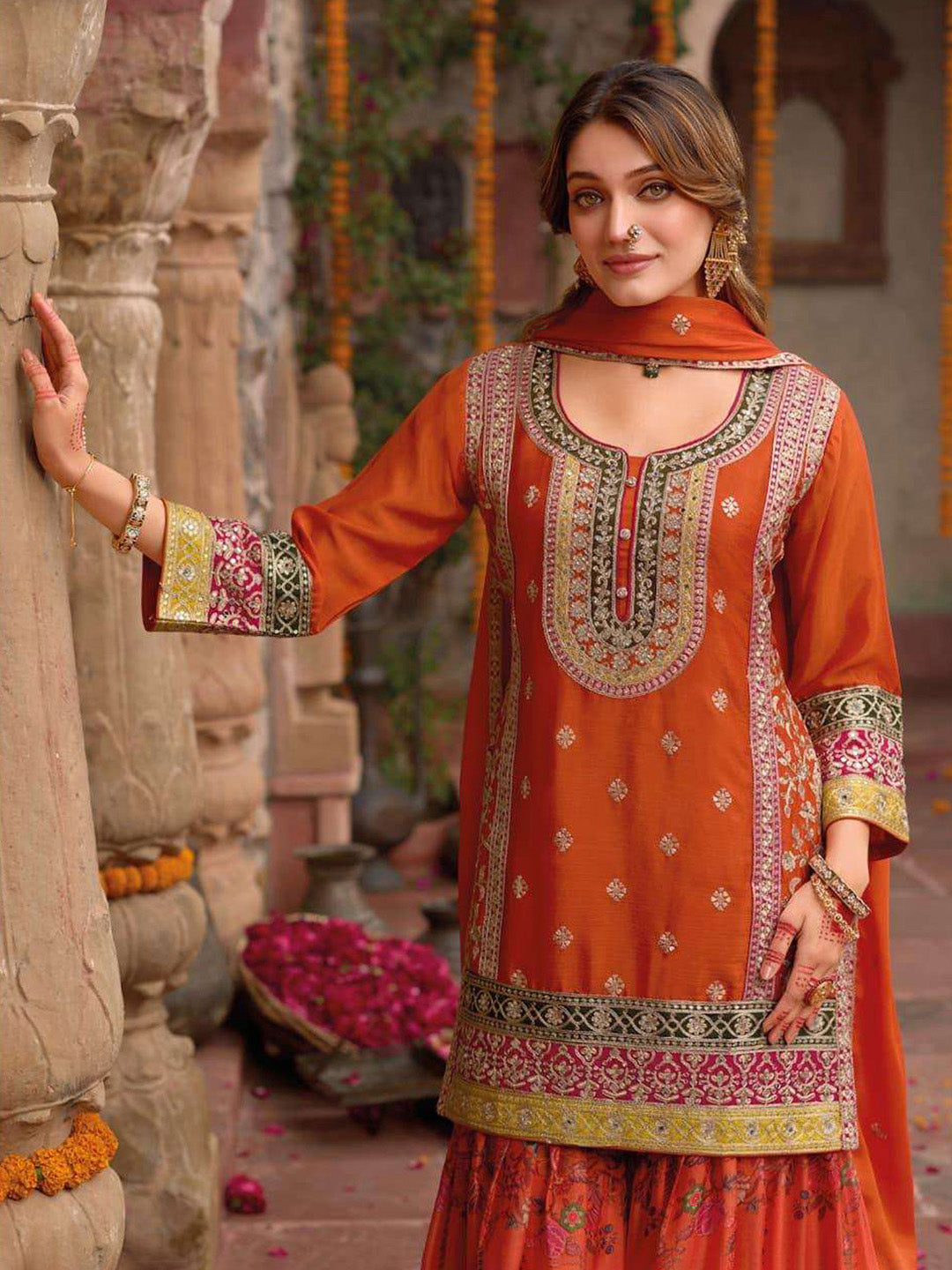 Embroidered Chinnon Silk Kurti With Gharara &amp; Dupatta