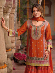 Embroidered Chinnon Silk Kurti With Gharara & Dupatta