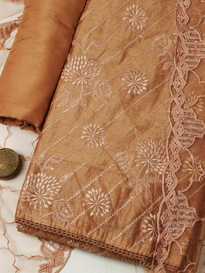 Embroidered Chanderi Unstitched Suit With Pant &amp; Dupatta