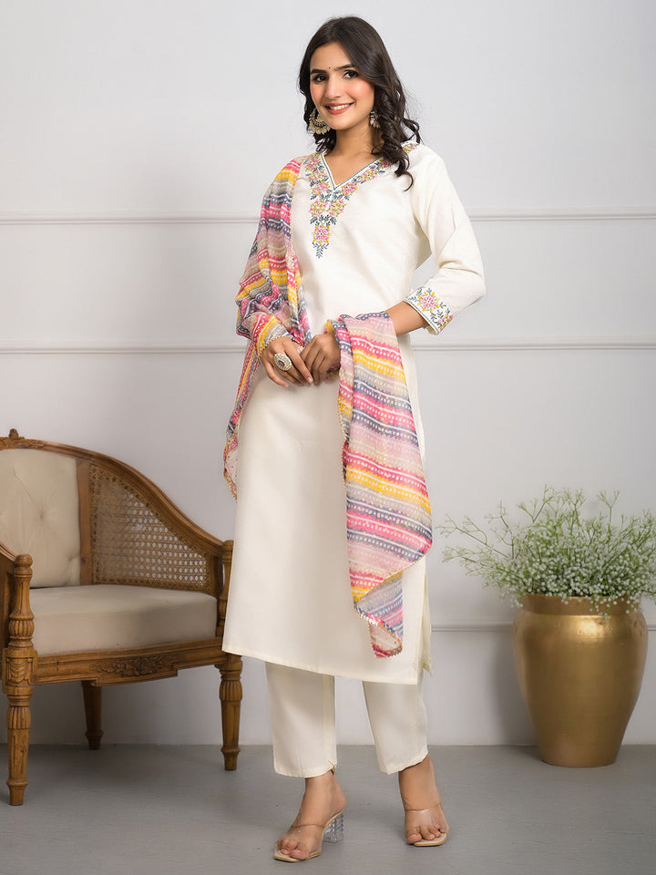 Neck Embroidered Cotton Blend Kurta With Pants &amp; Dupatta