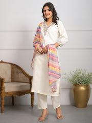 Neck Embroidered Cotton Blend Kurta With Pants & Dupatta