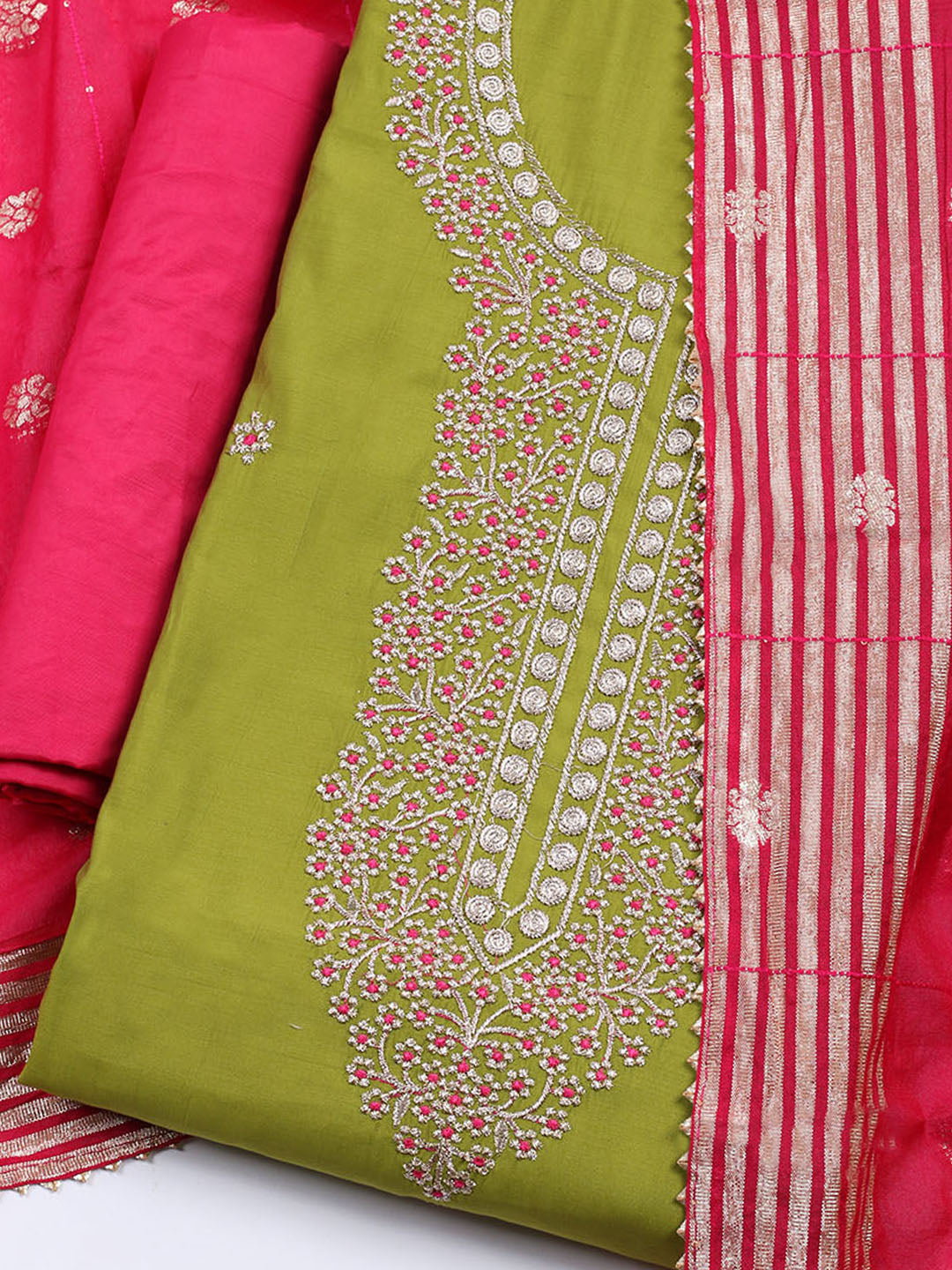 Neck Embroidered Chanderi Unstitched Suit With Dupatta