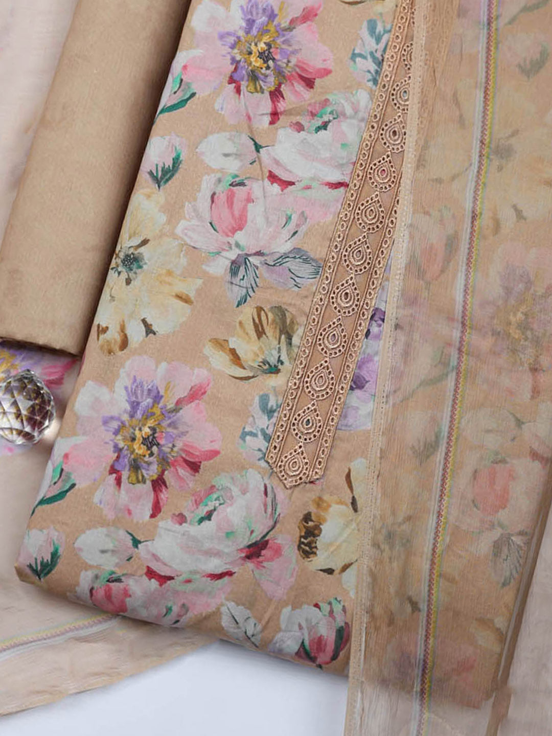 Embroidered Cotton Blend Unstitched Suit With Pant &amp; Dupatta