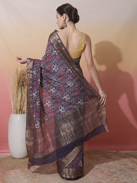 Patola Zari Border Printed Cotton Blend Woven Saree