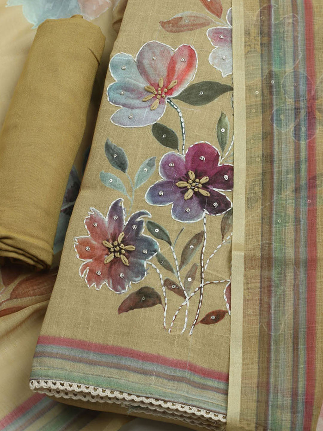Printed Linen Unstitched Kurta With Pant &amp; Dupatta