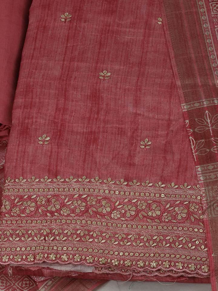 Embroidered Chanderi Unstitched Suit With Pant &amp; Dupatta