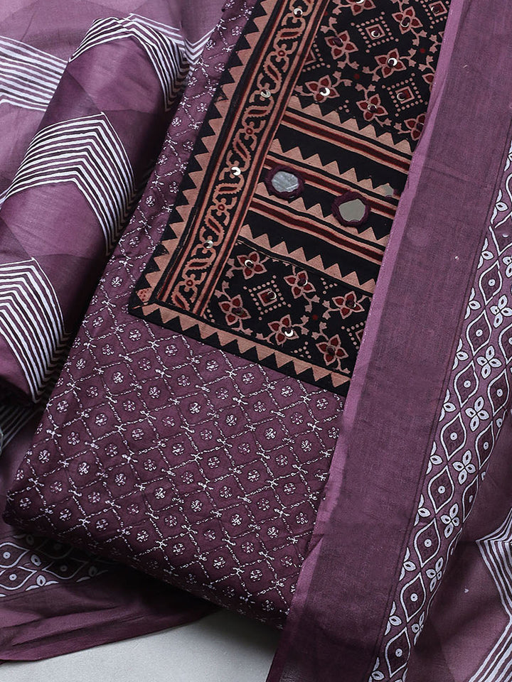 Printed Cotton Blend Unstitched Suit With Pant &amp; Dupatta