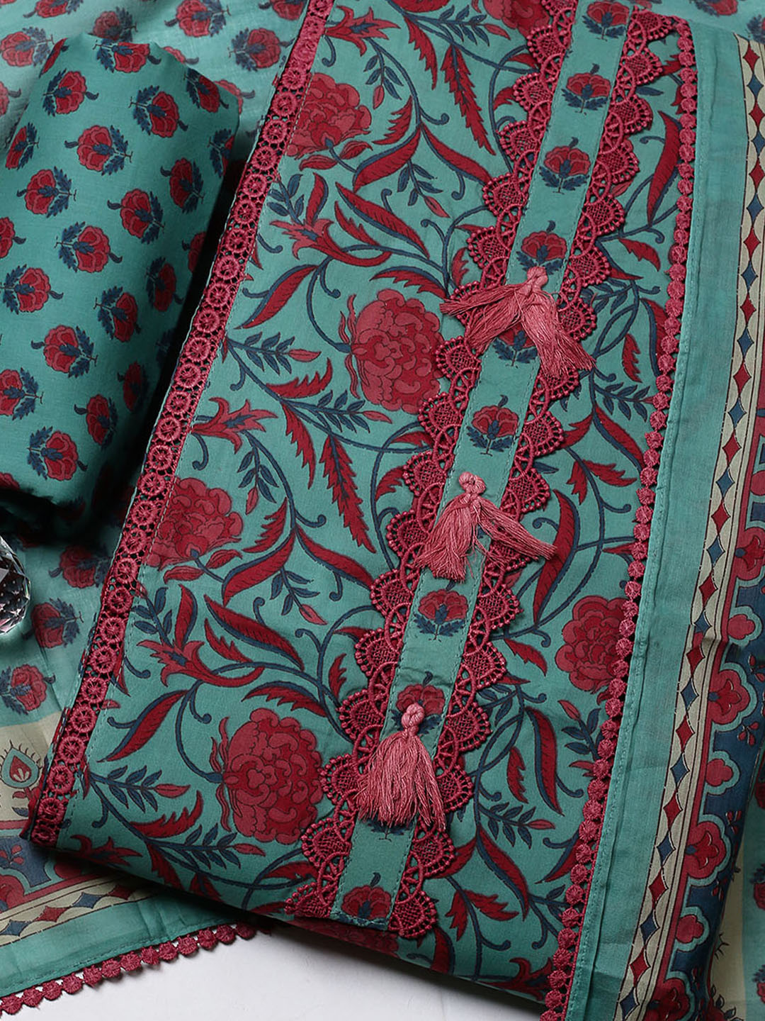 Embroidered Cotton Blend Unstitched Suit With Pant &amp; Dupatta