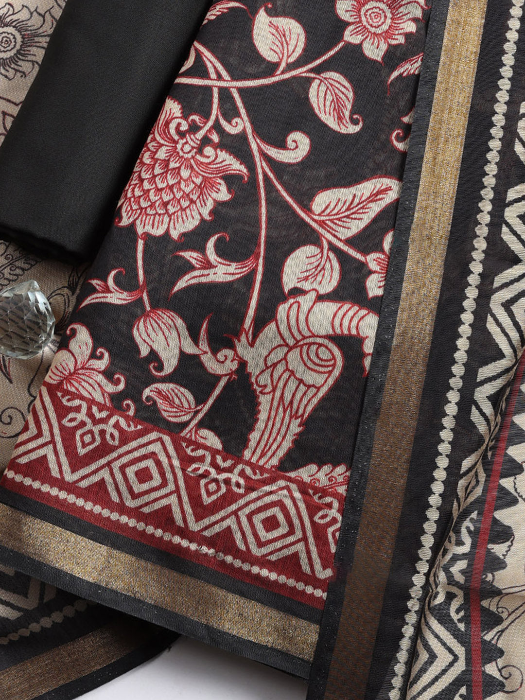 Printed, Cotton Blend Unstitched Suit With Pant &amp; Dupatta