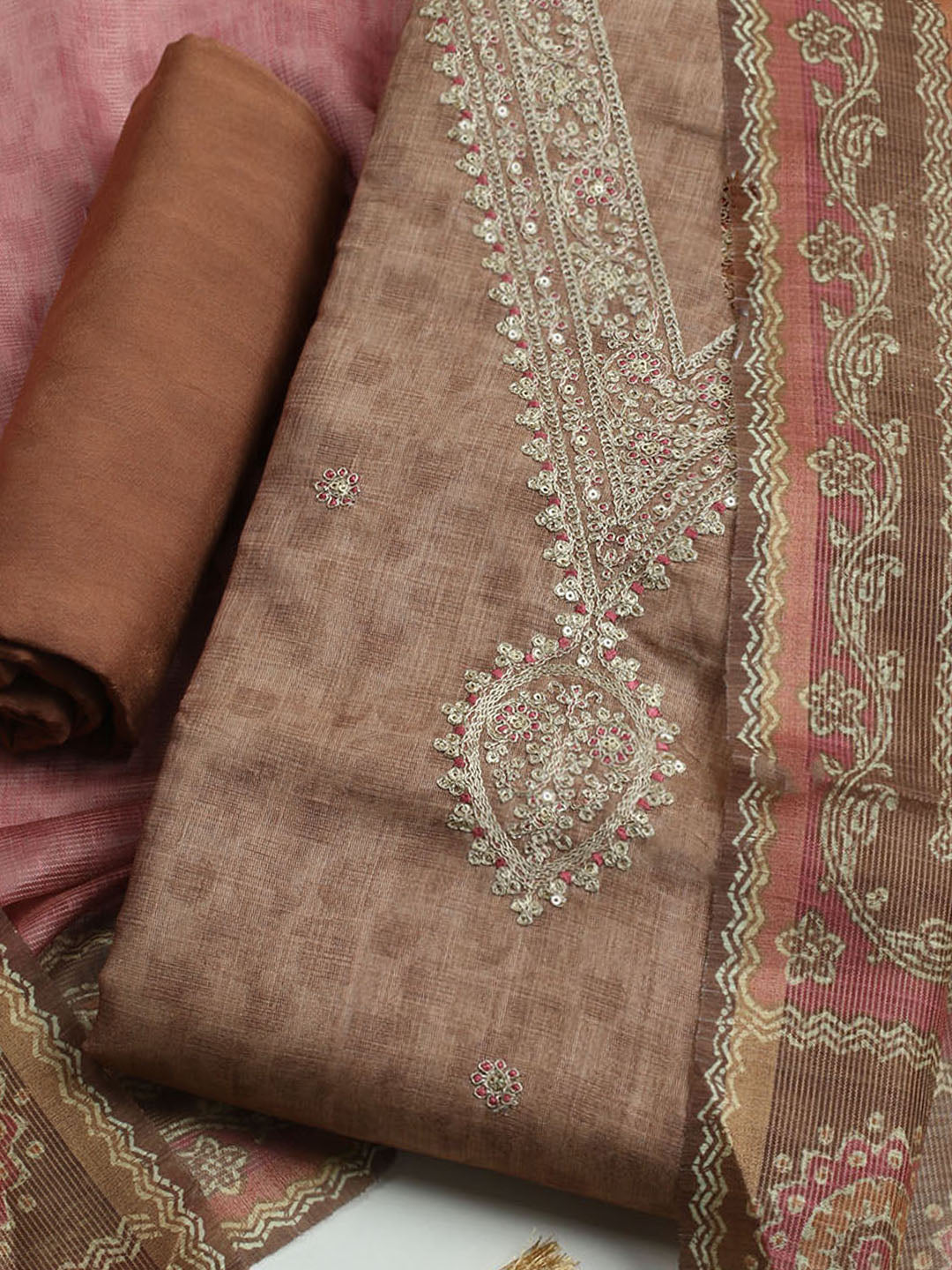 Embroidered Tissue Unstitched Kurta With Pant & Dupatta