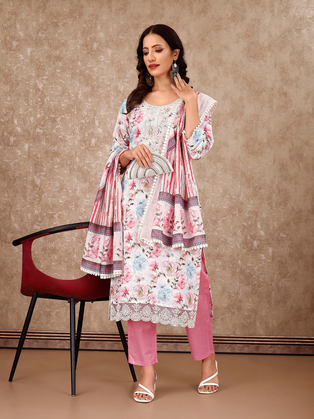 Neck Embroidery Cotton Blend Kurta With Pants &amp; Dupatta